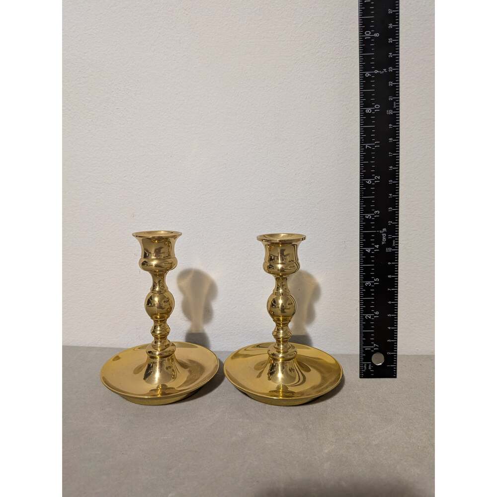 Vintage Solid Brass Candlesticks Pair - 4.5" Flared Saucer Base Taper Holders - Picture 6 of 8